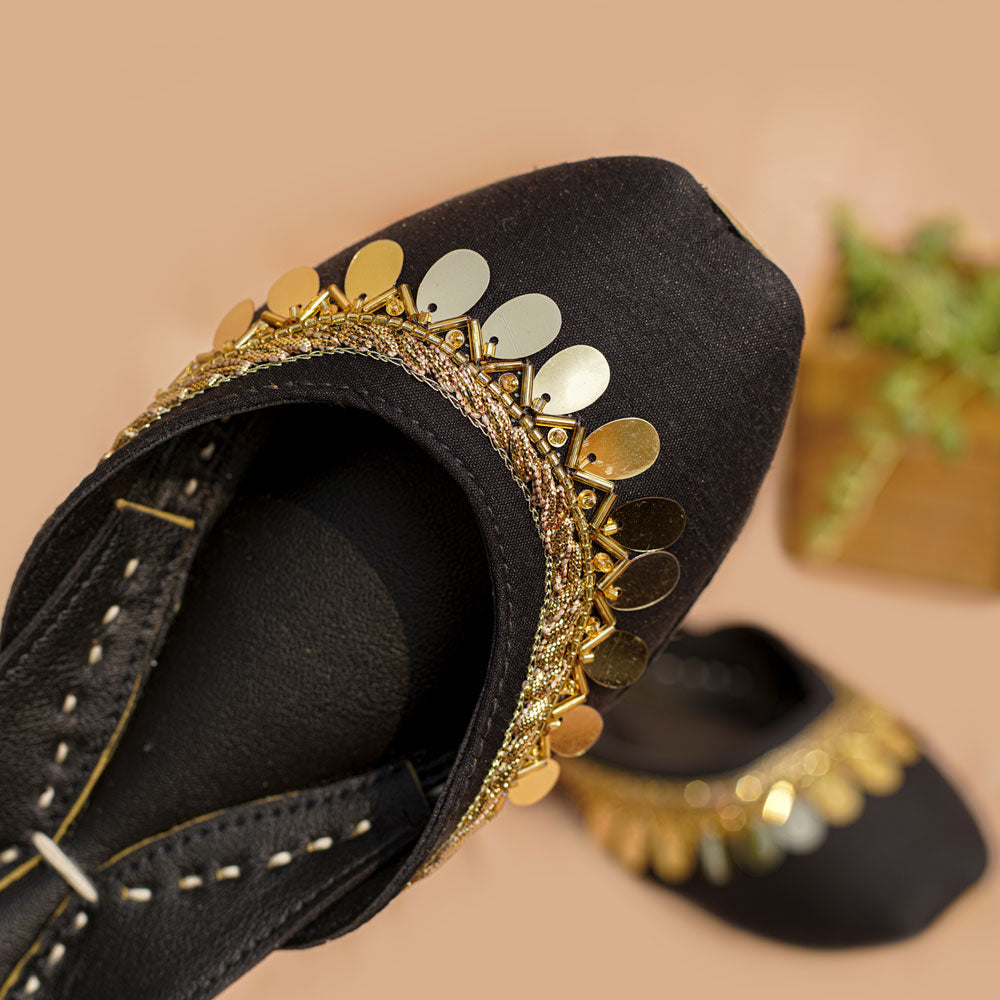 Black khussa shoe for women with gold sequin embellishments, traditional handmade footwear
