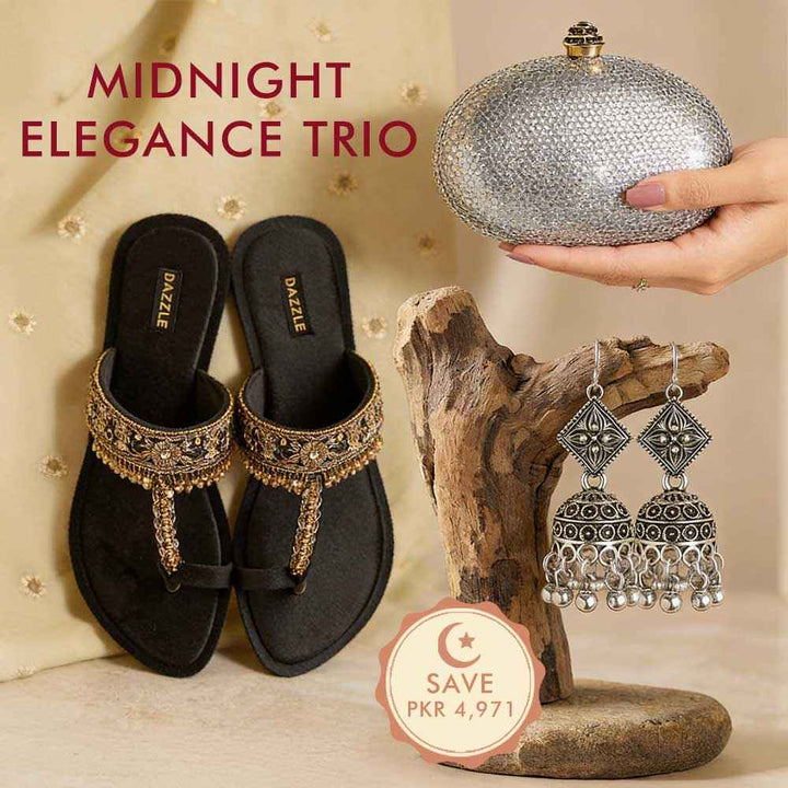 🌑 Midnight Elegance Trio - Manjhli Black, Raya Silver Clutch &amp; Rajghungri Jhumkis - Save PKR 1,270